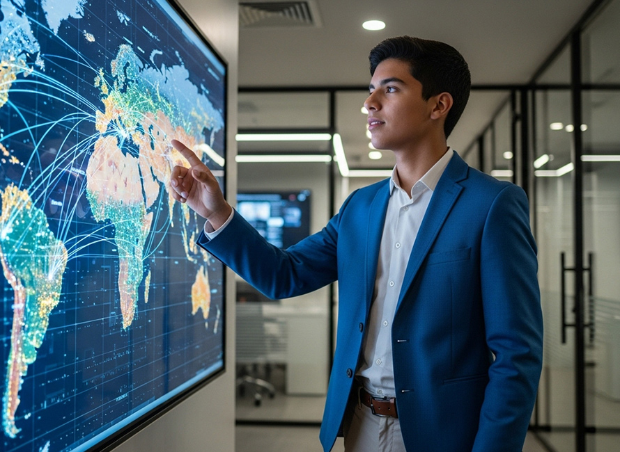 Estudiante de Gestión de Desarrollo Global analizando un mapa digital interactivo para interpretar flujos internacionales y tendencias globales en un entorno moderno de análisis estratégico.