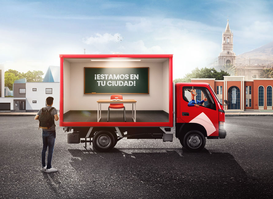 Camión con aula móvil de la Universidad Peruana Cayetano Heredia anunciando el examen descentralizado 2025 en distintas ciudades del Perú.