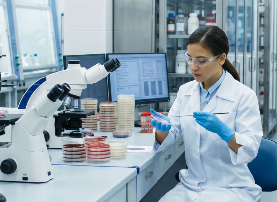 Estudiante de Farmacia y Bioquímica realizando análisis en laboratorio
