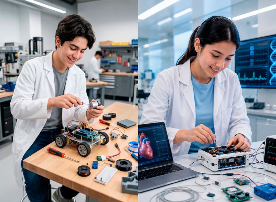 Estudiante explorando Ingeniería Mecatrónica vs Ingeniería Biomédica en laboratorio de tecnología y salud